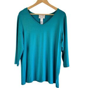 Susan Graver Liquid Knit 3/4 Sleeve V Neck Top Women Size L Blue Shimmery Specks